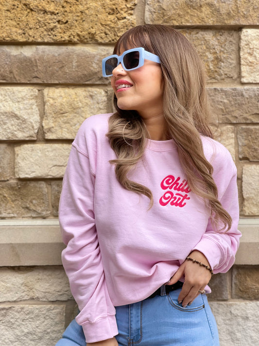 Chill Out - Soft Pink Embroidered Cozy Sweatshirt (Unisex)